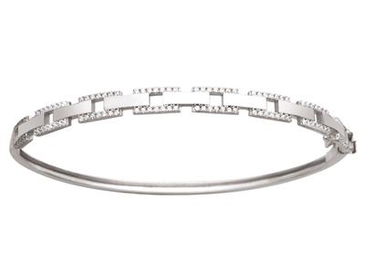 Bracelet Jonc mailles rectangles lisses et Oxydes de Zirconium 60x50mm, Or gris 18k