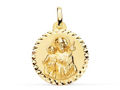 Médaille ronde St Joseph creuse bords ciselés 18 mm, Or jaune 18k