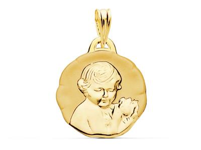 Médaille Ange à la rose satinée creuse 17 mm, Or jaune 18k - Image Standard - 1