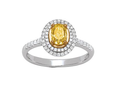 Bague Solitaire, diamant jaune ovale 0,77ct, diamants 0,28ct, Or gris 18k, doigt 52 - Image Standard - 1