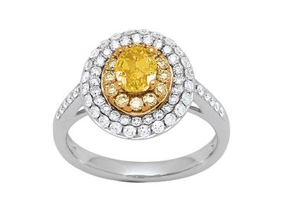Bague Solitaire, diamant jaune ovale 0,63ct et ronds 0,20ct, diamants blancs 0,57ct, Or gris 18k, doigt 54 - Image Standard - 1