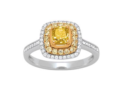 Bague solitaire, diamants jaune princesse 0,71ct et ronds 0,22ct, diamants 0,16ct, Or gris 18k, doigt 52