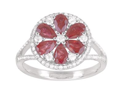Bague fleur, diamants 0,39ct et rubis 1,40ct, Or gris 18k, doigt 54 - Image Standard - 1