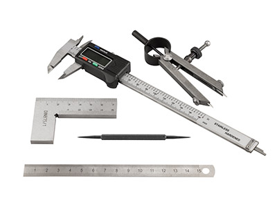Kit de base pour mesurer : pied à coulisse, équerre, compas, double pointe, réglet - Image Standard - 1