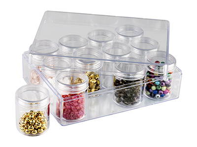 Rangement pour perles, 12 grands pots ronds dans boîte transparente