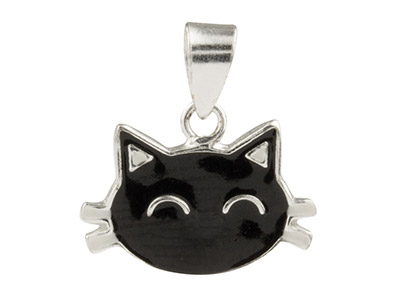 Pendentif Tête de chat laqué noir 8 mm, Argent 925 - Image Standard - 1