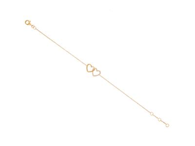 Bracelet chaîne double coeur, diamants 0,07ct, 16-17-18 cm, Or jaune 18k
