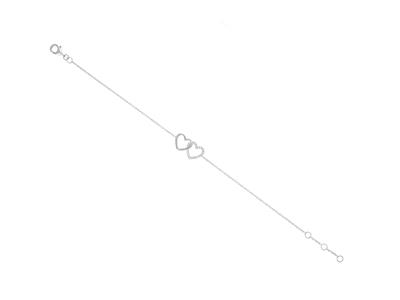 Bracelet chaîne double coeur, diamants 0,07ct, 16-17-18 cm, Or gris 18k