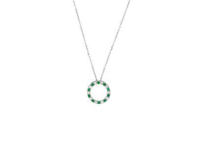 Collier cercle 15 mm, diamants 0,25ct et emeraudes 0,29ct, 40-42-45 cm, Or gris 18k