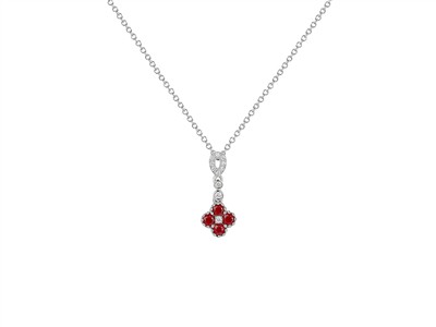 Collier maille Forçat ronde 1,20 mm, pendentif Fleur 8 mm, chute 17 mm, rubis 0,32ct et diamants 0,06ct, 40-42-45 cm, Or gris 18k
