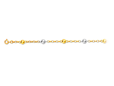 Bracelet maille et Boules 6 mm alternées, 18,5 cm, Or bicolore 18k