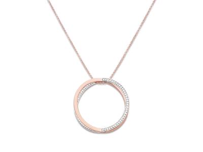 Collier motif double Cercle 34 mm avec Zircones sur chaîne, 50-55 cm, Argent 925 rhodié plaqué rose