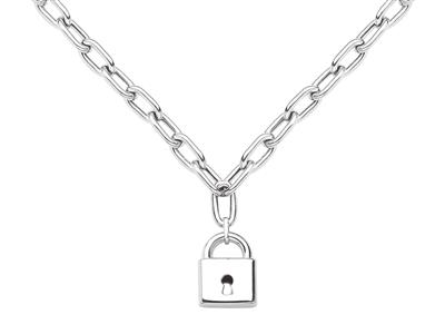 Collier maille Rectangle creuse, pendentif Cadenas, 50 cm, Argent 925 Rh - Image Standard - 1
