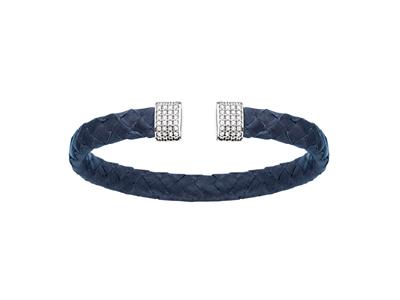 Bracelet Jonc cuir bleu avec Oxydes de zirconium 7 mm, 58 x 48 mm, Argent 925 Rh