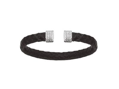 Bracelet Jonc cuir noir avec Oxydes de zirconium 7 mm, 58 x 48 mm, Argent 925 Rh