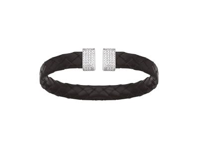Bracelet Jonc cuir noir avec Oxydes de zirconium 9 mm, 70 x 50 mm, Argent 925 Rh