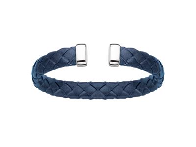 Bracelet Jonc cuir bleu 9 mm, 58 x 48 mm, Argent 925 Rh