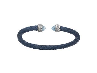 Bracelet Jonc rond cuir bleu avec Oxydes de zirconium et Cristaux bleus 5 mm, 58 x 48 mm, Argent 925 Rh