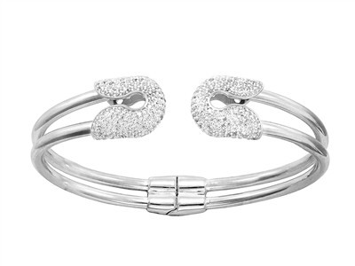 Bracelet Jonc ouvert 2 tubes 3 mm,  épingles à nourrice Oxydes de Zirconium, diamètre intérieur 57 x 47 mm, Argent 925 passivé