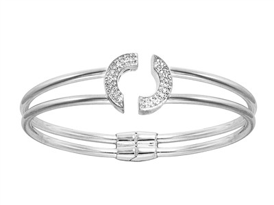 Bracelet Jonc ouvert 2 tubes 3 mm,  épingles à nourrice Oxydes de Zirconium, diamètre intérieur 57 x 47 mm, Argent 925 passivé