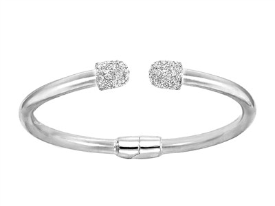 Bracelet Jonc ouvert tube 4 mm, embouts 7 x 8 mm avec Oxydes de Zirconium, diamètre intérieur 56 x 47 mm, Argent 925 passivé