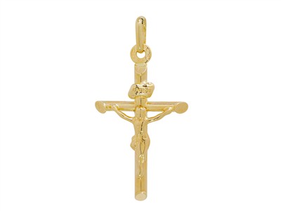 Pendentif Croix tube 25 x 18 mm, bords biseautés, avec Christ, Or jaune 14k