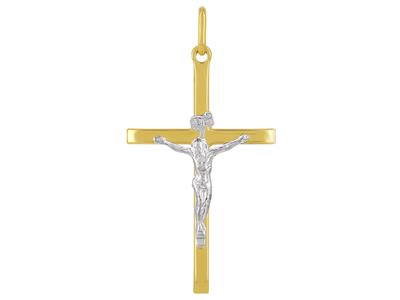 Pendentif Croix avec Christ, tube carré, 32 mm, Or jaune 18k