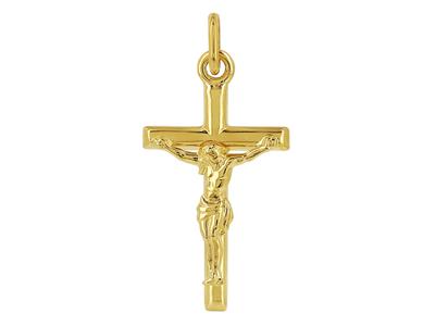 Pendentif Croix tube avec Christ, 25 mm, Or jaune 18k
