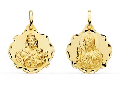 Médaille scapulaire creuse bords ciselés 18 mm, double face, Or jaune 18k