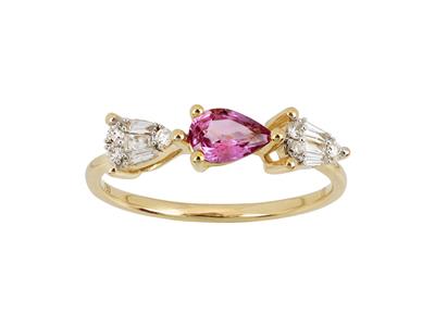 Bague trilogie poire, diamants ronds et baguettes 0,13ct, saphir rose 0,52ct, Or jaune 18k, doigt 54