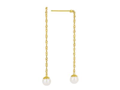 Boucles doreilles chaîne Singapour 4 cm, perles 5,20 mm, Or jaune 18k
