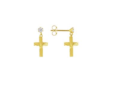 Boucles d'oreilles pendantes Croix ciselée 10 mm et Oxyde de Zirconium, Or jaune 18k - Image Standard - 1