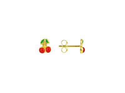 Boucles doreilles Cerise émail rouge et vert, 6 mm, Or jaune 18k