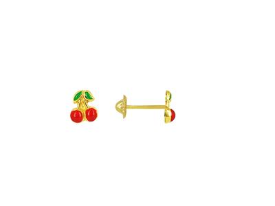 Boucles d'oreilles Cerises émail rouge et vert, 6 mm, Or jaune 18k - Image Standard - 1