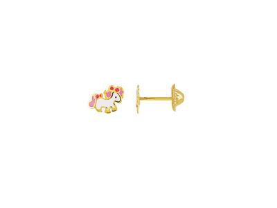 Boucles d'oreilles Poney émail blanc et rose 4 mm, Or jaune 18k - Image Standard - 1