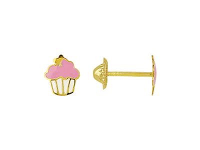Boucles doreilles Cupcake émail rose et blanc, 6 mm, Or jaune 18k