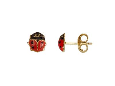 Boucles doreilles Coccinelle résine rouge, Or jaune 18k