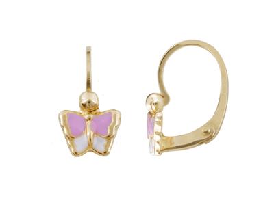 Boucles doreilles brisures Papillon, résine rose et blanc, Or jaune 18k
