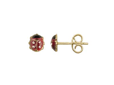 Boucles doreilles Coccinelle 5 mm, résine rouge et Oxyde de Zirconium, Or jaune 18k