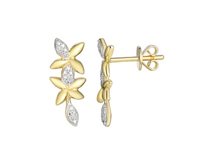 Boucles doreilles Fleurs pendantes 16 x 6 mm, diamants 0,03 ct, Or jaune 18k