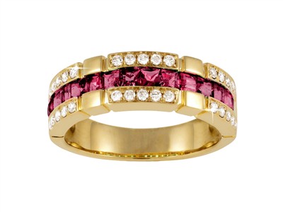 Bague 3 rangs 7 mm, diamants 0,30ct et rubis princesse 1,28ct, Or jaune 18k, doigt 56
