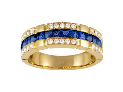 Bague 3 rangs 7 mm, diamants 0,30ct et saphirs princesse 1,28ct, Or jaune 18k, doigt 56