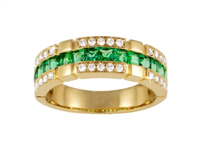 Bague 3 rangs 7 mm, diamants 0,30ct et émeraudes princesse 1,00ct, Or jaune 18k, doigt 56