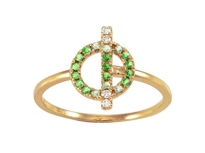 Bague Oasis cercle et barrette 9 x 13 mm, diamants 0,04ct, grenats vert 0,15ct et saphirs verts 0,07ct, Or jaune 18k, doigt 52