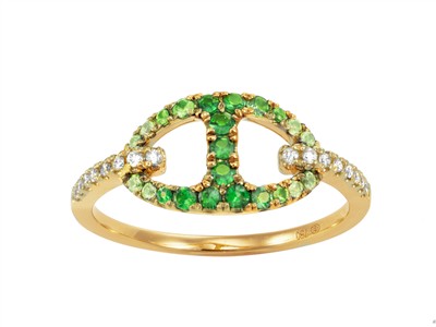 Bague Oasis maille Marine 9 x 14 mm, diamants 0,12ct, grenats verts 0,30ct et saphirs verts 0,08ct, Or jaune 18k, doigt 56