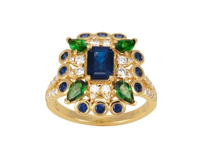 Bague Rio 16 x 18 mm, diamants 0,49ct, saphirs bleus 1,75ct et grenats verts 0,80ct, Or jaune 18k, doigt 54
