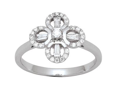 Bague forme Fleur, diamants ronds et baguettes 0,36ct, Or gris 18k, doigt 54