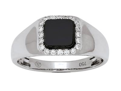 Chevalière diamants 0,11ct et agathe noire coussin, Or gris 18k, doigt 54