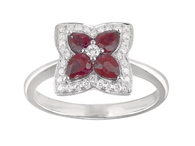 Bague fleur, diamants 0,21ct et rubis 0,79ct, Or gris 18k, doigt 56 - Image Standard - 1