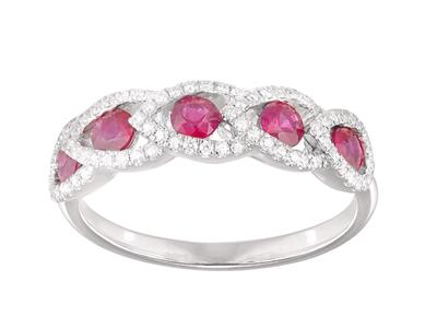 Bague feuilles, diamants 0,22ct et rubis 0,63ct, Or gris 18k, doigt 50 - Image Standard - 1
